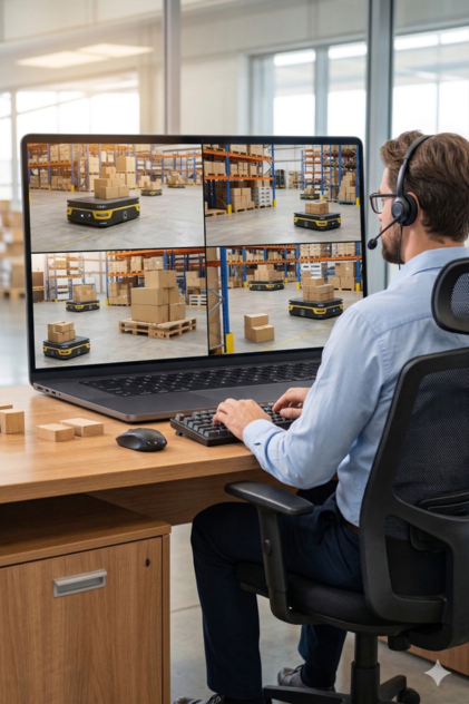 Human operator controlling robots
